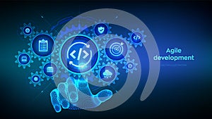 Agile development and optimisation concept. Software engineering. Software development practices methodology. Wireframe hand