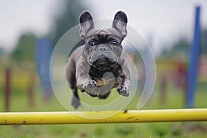 Agile French Bulldog dog jumping over obstacle while doing agility sport