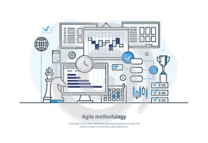 Agile methodology, project management and software development web banner. Agile scrum lifecycle process, requirement, development