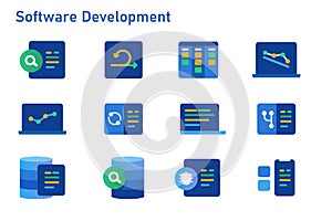 Agile methodology software development icon set collection of code programming using sprint kanban board and burn down