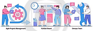 Agile project management, kanban board, devOps team concept with tiny people. Software development company vector illustration set