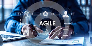 Agile project management methodology concept person selecting icons representing key principles of adaptive planning evolutionary