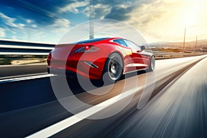 Agile Red Performance Car Navigating Highway Curve.