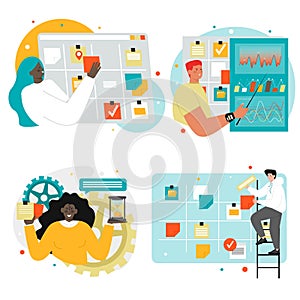 Agile software development characters, vector illustration. kanban task board, agile project management, kanban method.