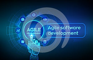 Agile software development methodology concept on virtual screen. Digital technology, big data concept. Flexible developing