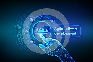 Agile software development methodology concept on virtual screen. Digital technology, big data concept. Flexible developing