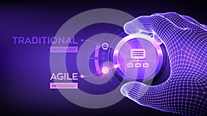 Agile software development methodology concept. Wireframe hand turning a knob and selecting Agile mode. Digital technology, big