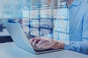 Agile software development or project management using kanban or scrum methodology boards on screen. Process, workflow, visual