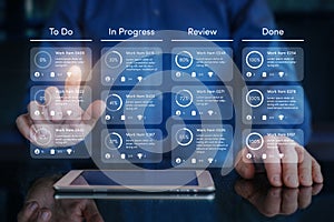 Agile software development or project management using kanban or scrum methodology boards on screen. Process, workflow, visual photo