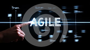 Agile software development scrum methodology boards. workflow, Finger touching virtual interface.