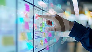 Agile software development scrum methodology boards. workflow, Finger touching virtual interface.AI generative