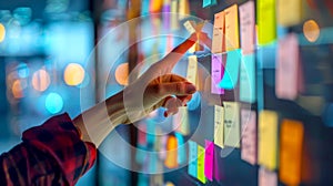 Agile software development scrum methodology boards. workflow, Finger touching virtual interface.AI generative