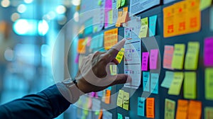 Agile software development scrum methodology boards. workflow, Finger touching virtual interface.AI generative