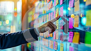 Agile software development scrum methodology boards. workflow, Finger touching virtual interface.AI generative