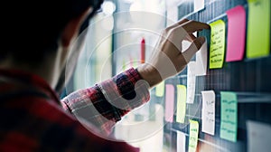 Agile software development scrum methodology boards. workflow, Finger touching virtual interface.AI generative