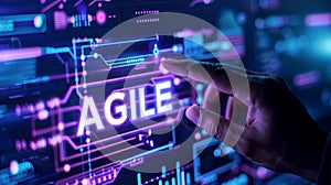 Agile software development scrum methodology boards. workflow, Finger touching virtual interface agile text .AI