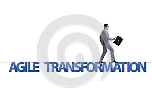 The agile transformation concept with businessman walking on tight rope