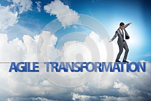 The agile transformation concept with businessman walking on tight rope