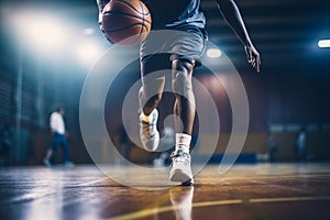 Agile young male basketball player dribbling the ball with skill and focus on the basketball court