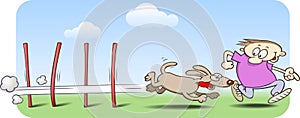 Agility dog zig-zaging through weave poles photo