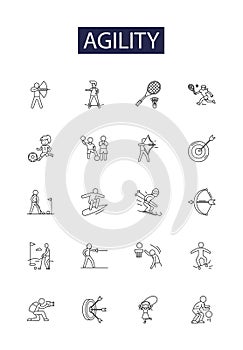 Agility line vector icons and signs. fleetness, suppleness, adaptability, quickness, nippiness, nimiety, dartiness