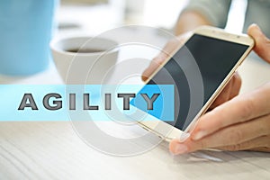 Agility text on virtual screen. Business technology and internet concept.