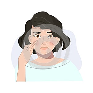 Aging Concerns concept. Portrait of Worried Woman with Wrinkles Under Eyes. Flat vector cartoon illustration