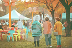 Aging demographics enjoying outdoor senior services event, customer interaction, sunny park setting photo