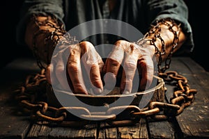 Aging Hands in Rusty Chains Resting on Weathered Wooden Table Under Soft Light