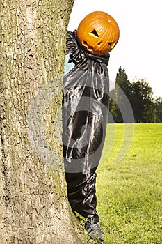 Aging man in city park haunts with pumpkin head