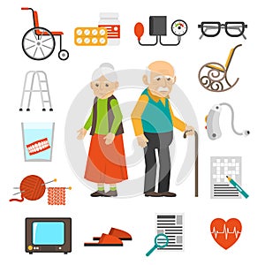 Aging people accessories Flat Icons Set