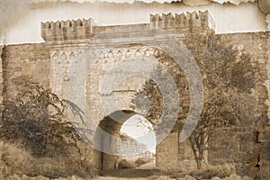 Aging photography of a Yeni-Kale gates, fortress