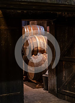 Aging process of cognac spirit in old French oak barrels in cellar in distillery in Cognac white wine region, Charente, Segonzac,