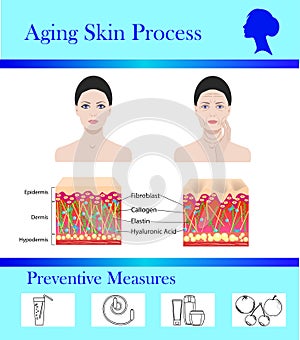 Aging skin process and preventive tipps, vector illustration