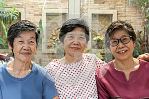 Aging society concept with healthy aged asian elderly, happy well-being ageing senior adult women sisters