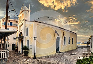 The Agios Antonios Orthodox Church located next to the port in Spetses Island, Greece