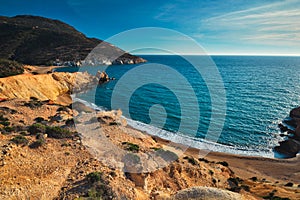 Agios Ioannis beach on sunset. Milos island, Greece