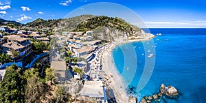 Agios Nikitas Beach in Lefkada island, Greece panoramic aerial v