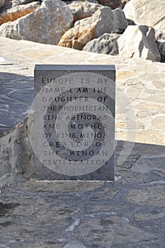 Agios Nikolaos, august 31st: Signboard plaque of Europe Statue from Agios Nikolaos on Crete island