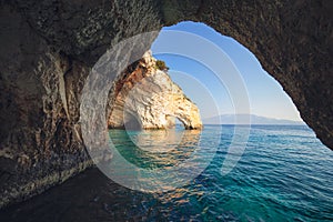 Agios Nikolaos blue caves in Zakynthos Zante island, in Greece