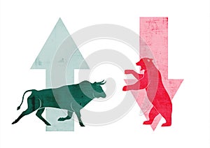 Agitated bull up versus bear down , stock market concept. Creative artwork with strong color. Illustration for print, wall art and