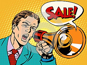 Agitator with megaphone announces sale photo