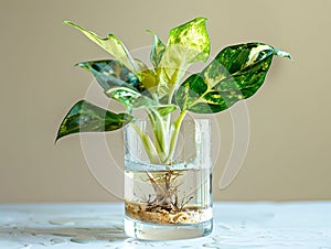 Aglaonema commutatum plant growing in glass vase with water