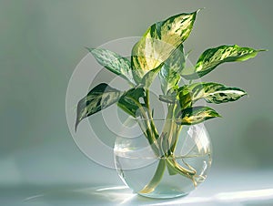 Aglaonema commutatum plant growing in glass vase with water