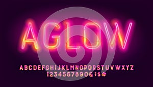 Aglow alphabet font. Two neon colors letters and numbers. photo