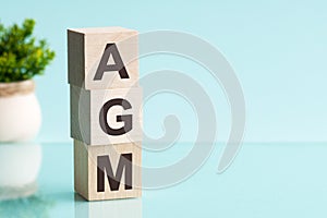 AGM - Annual general meeting - acronym on wooden cubes on blue backround. Business concept