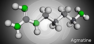 Agmatine molecule. It is amino compound, member of guanidines, natural metabolite of arginine. Molecular model. 3D rendering