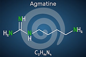 Agmatine molecule. It is amino compound, member of guanidines, natural metabolite of arginine. Structural chemical formula on the