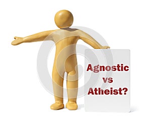 Agnostic Vs Atheist? Yellow plasticine human figure with card isolated on white photo