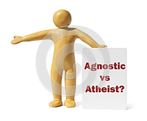 Agnostic Vs Atheist? Yellow plasticine human figure with card isolated on white